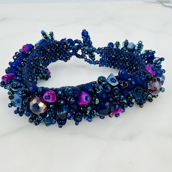 Artisan Jewelry - Purple and Blue Handmade Glass Bead Bracelet With Natural Stones Bead Stew 7”
